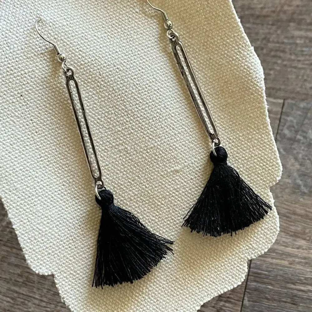 Tassel Earrings Silver Black NEW Handmade USA Boho Light Weight